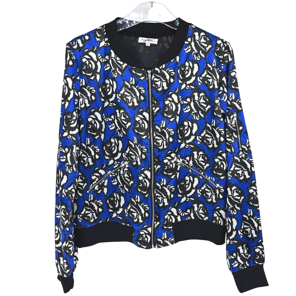 Y2K X by Gottex Womens Blue Black Rose Floral Bomber Jacket Size Large Whimsical